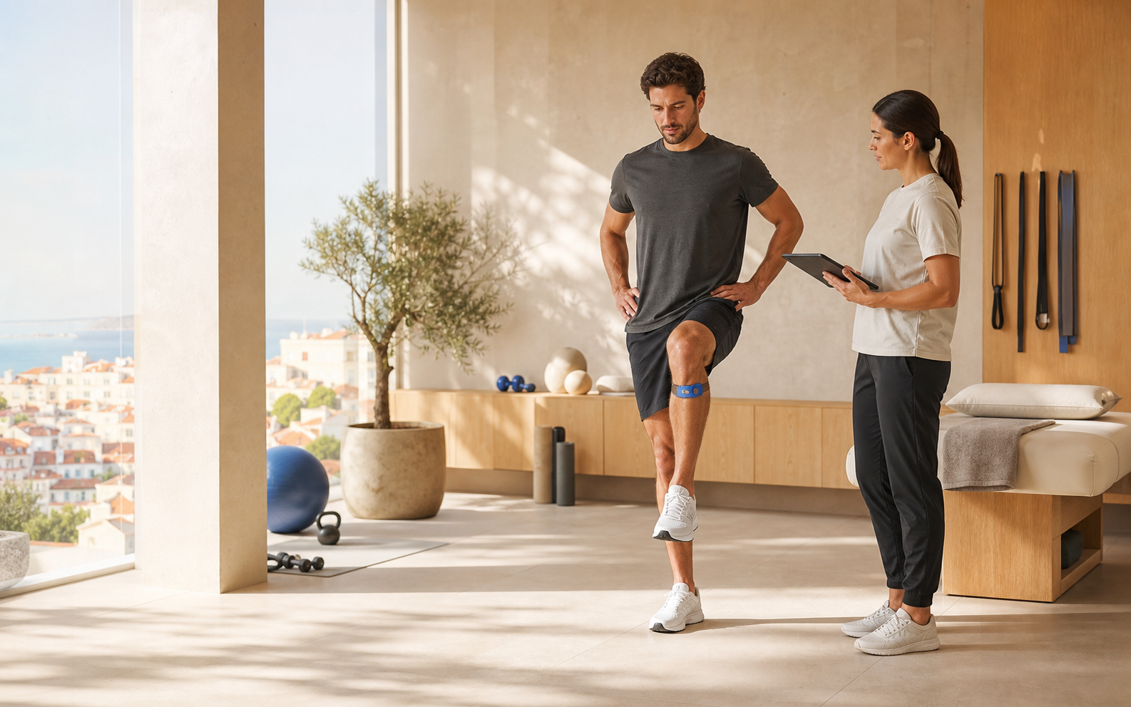 Illustrative scene of a physiotherapist guiding a patient wearing one Apollo movement sensor